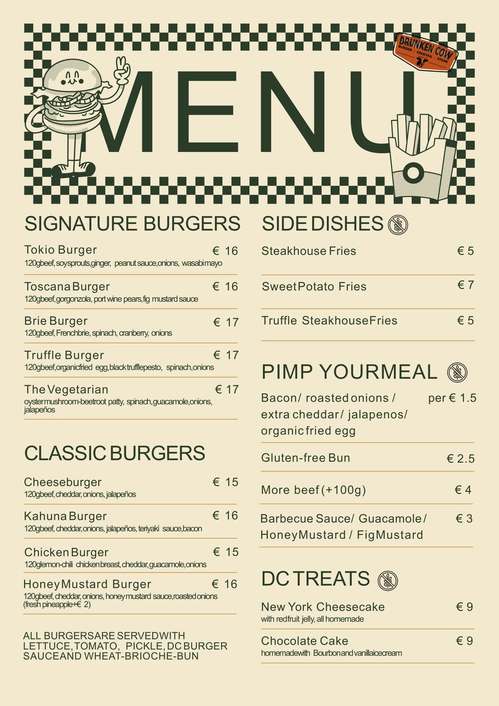 Speisekarte – Signature Burgers, Classic Burgers, Side Dishes, Pimp Your Meal und DC Treats