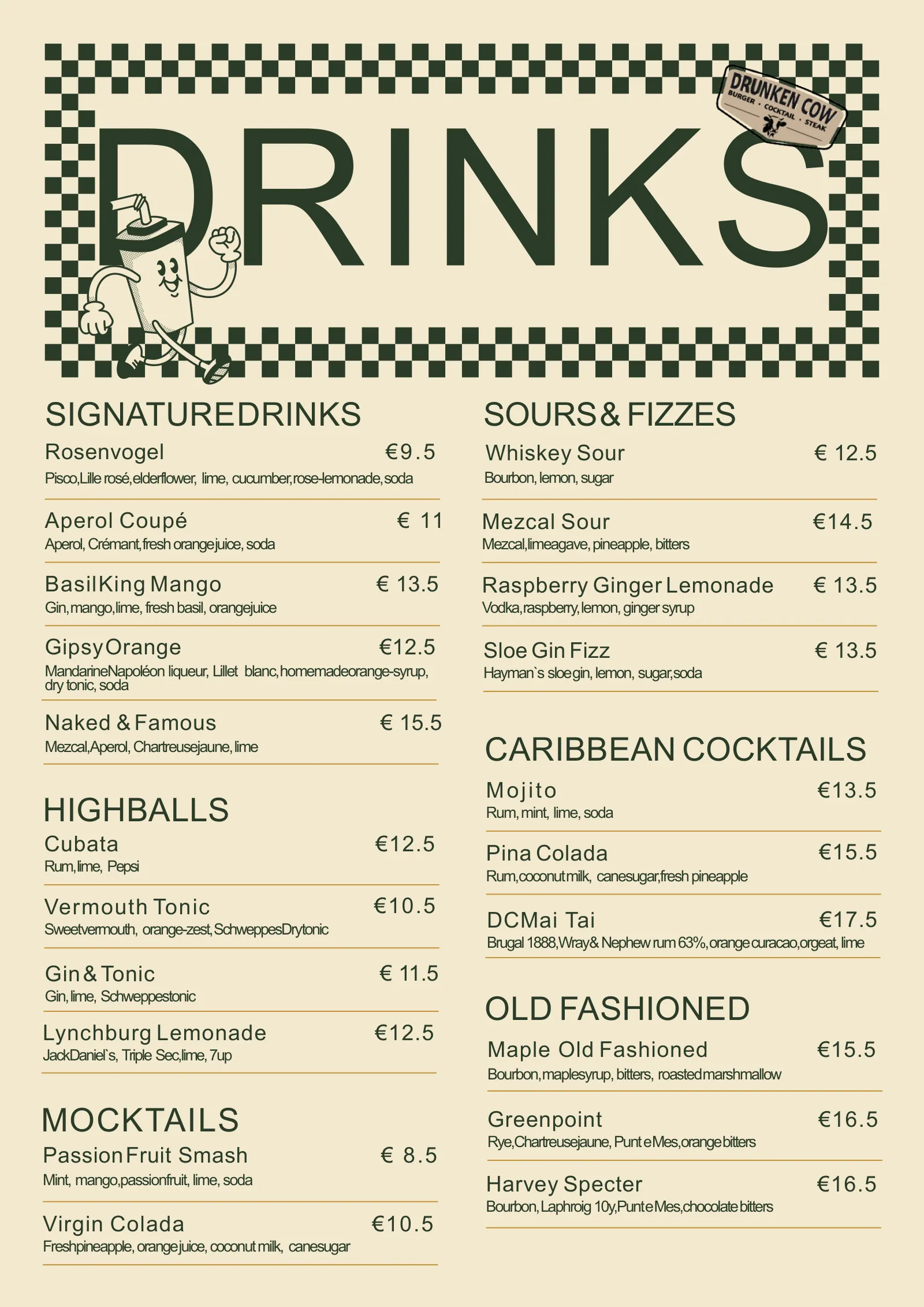 Getränkekarte – Signature Drinks, Highballs, Sours & Fizzes, Caribbean Cocktails, Old Fashioned und Mocktails