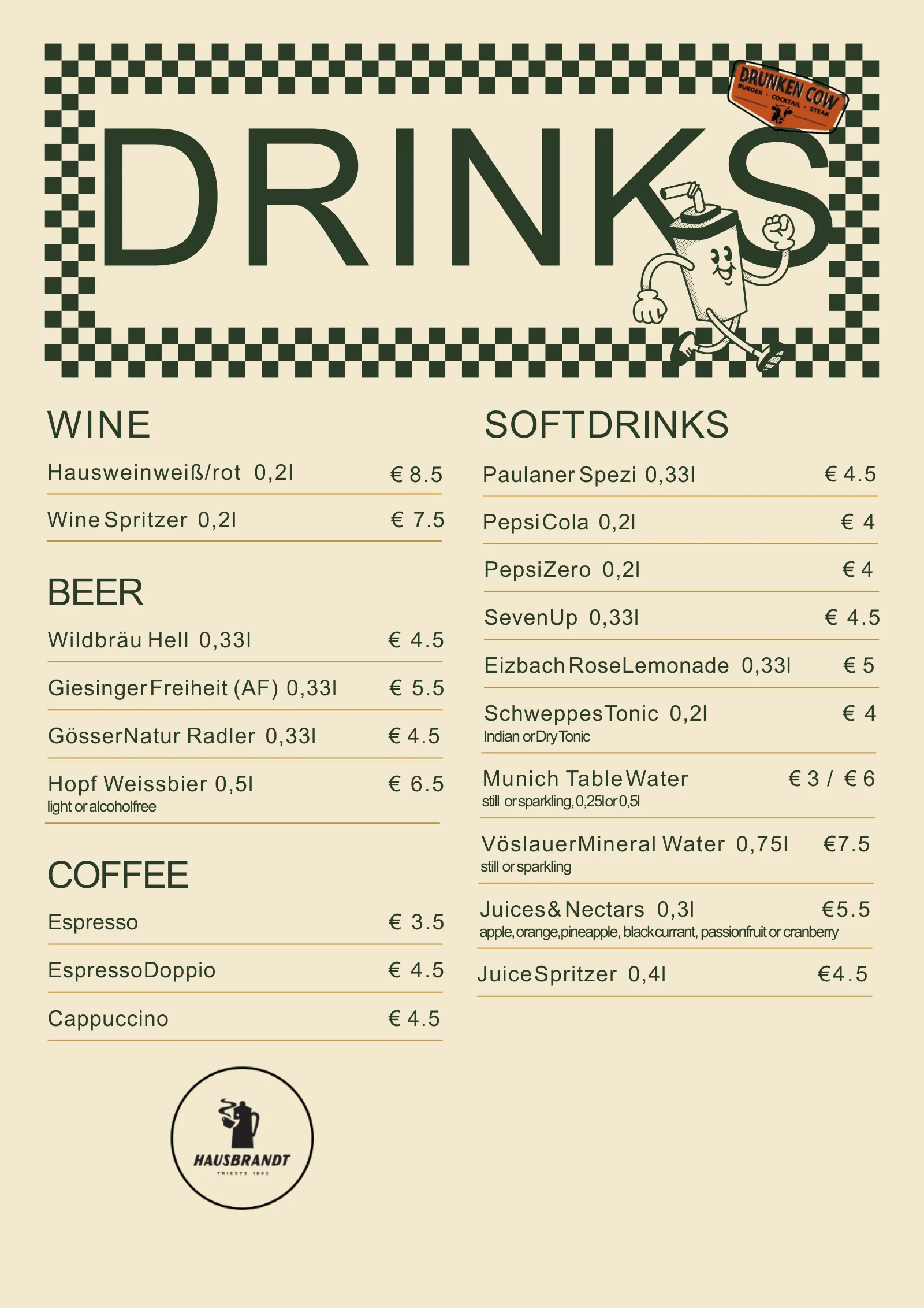 Getränkekarte – Wein, Bier, Kaffee und Softdrinks